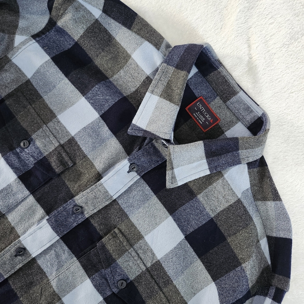 UNTUCKit Men's Blue Gray Plaid Cotton Flannel Button Down Shirt with Pockets XL